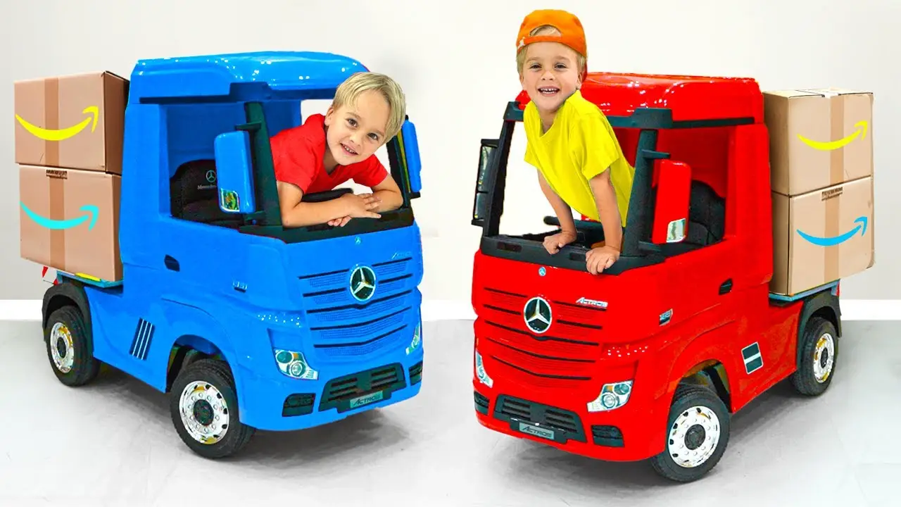 Chris rides on toy truck and plays delivery service